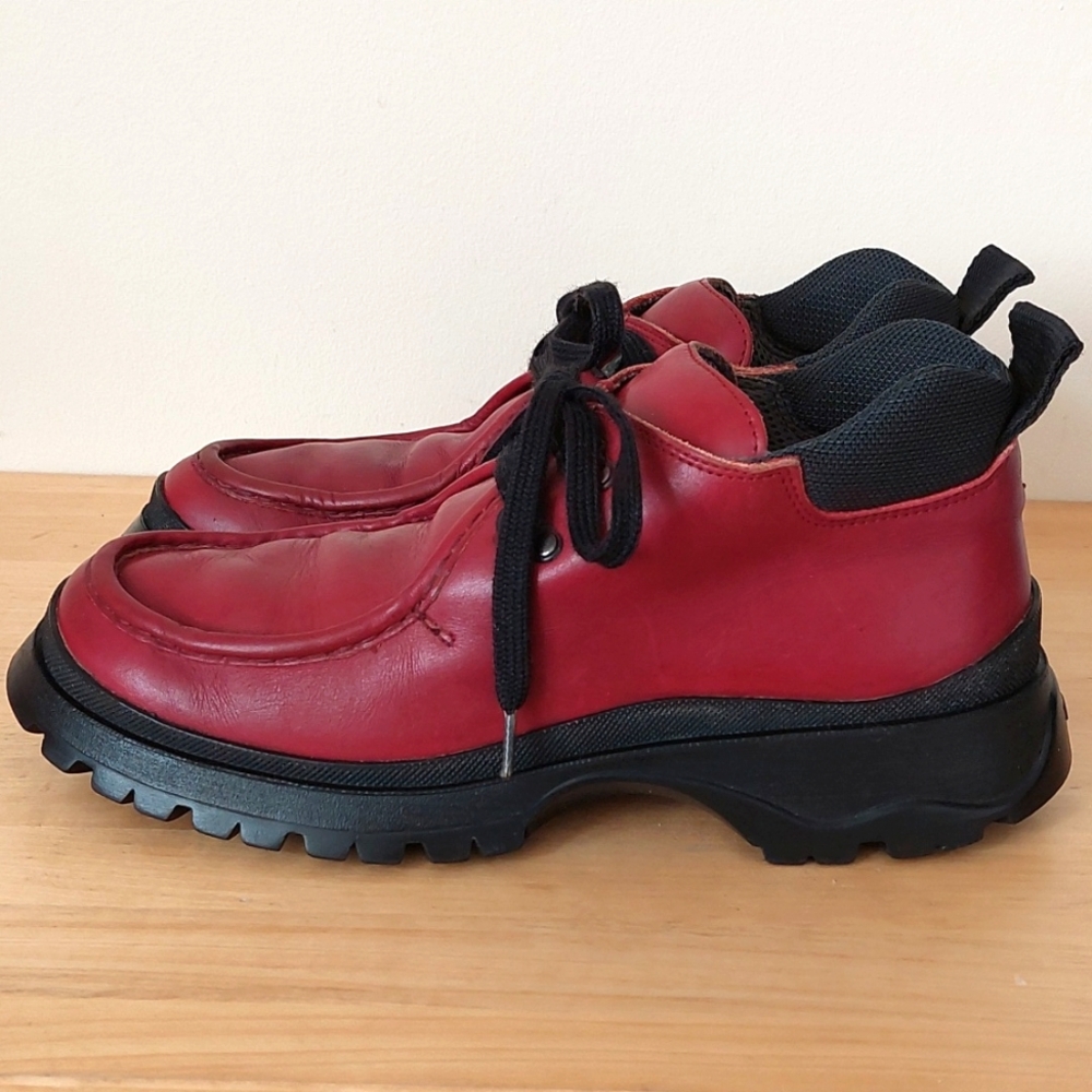 Vintage 90s Prada Vibram Hiking Red Leather Boots